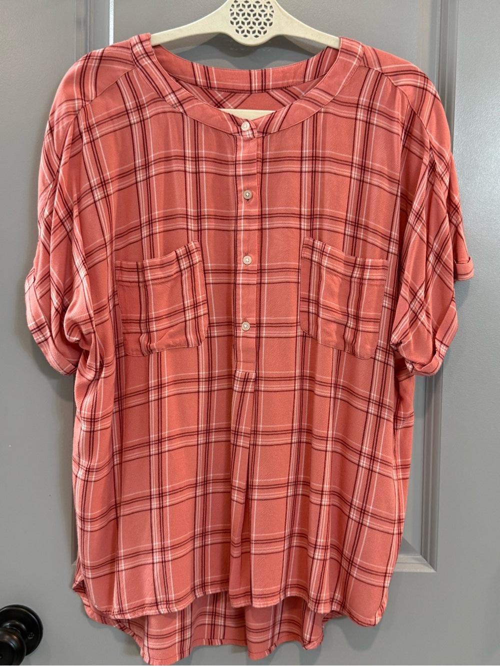 LOFT Coral-Pink Plaid Short-Sleeve Henley Tunic